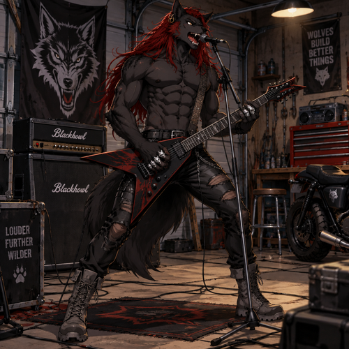 A male anthropomorphic black wolf wearing torn leather pants, shirtless showing off a 16 pack of abs, long red hair, 4 silver wolf skull rings, gold earrings located at the curve of his right ear, and grey leather combat boots. He is in his garage shredding on a guitar and singing into a microphone. Anime art style, full body.