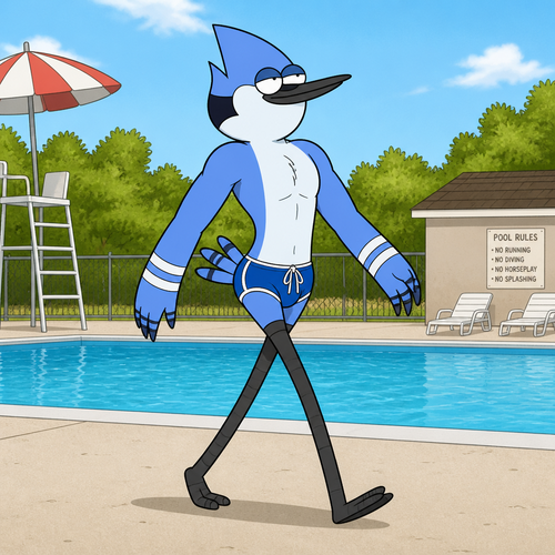 Mordicai from Regular Show wearing tight swim trunks. Strutting around the pool with confidence. Solo Full body
