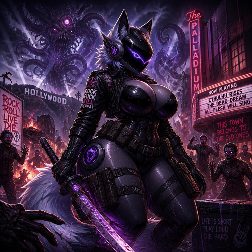 A busty well-made badass adult anthro waterproofed Protogen that has thick thighs and survival gear on while holding a saber sword that loves to rock and roll by facing a mixed up dark spicy lovecraft zombie apocalypse, in Hollywood alone. Anime verse.