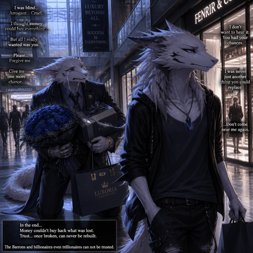 An arrogant billionaire male Sergal who brought gifts and flowers for an apology for the things he did/said by regret while begging forgiveness to an ex-boyfriend male Sergal that wears a necklace who’s not rich enough yet unhappy mood while looking away to ignore while walking away at the mall. A sad ending anime. (The Barrons and billionaires even trillionaires can not be trusted)