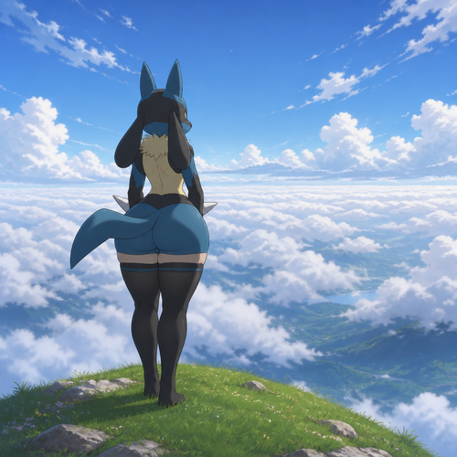 An anthro Lucario with thick thigh highs is standing at the top of a hill enjoying some alone time and looking at the clouds from above. Animated version. back view.