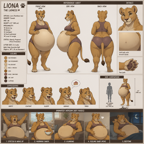 A female anthropomorphic lion with a pregnant belly the size of a exercise ball, reference sheet, animated version 