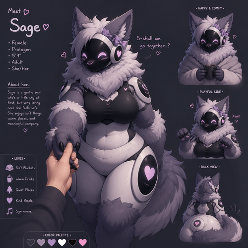 A thick (well-made original female character) beloved fluffy adult Protogen, holding a hand from a friendly human on front view, and shy in a good way. Well-made animated version verse.