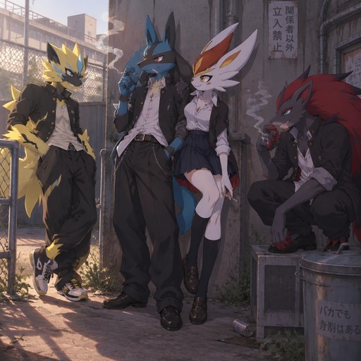 A high school aged male Lucario wearing delinquent outfit. He is behind the high school, smoking a cigarette with his friends: a female Cinderace who is also his girlfriend, a male Zoroark, and a male Zeraora. Anime art style, full body.