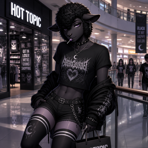 A grownup homosexual femboy anthro Black Sheep male, wears moon pendant necklace and an eyeliner, wearing some short clothes from Hot Topic, stick a lollipop on mouth, and has thick thigh highs. At the city’s mall. Well-made animated version.