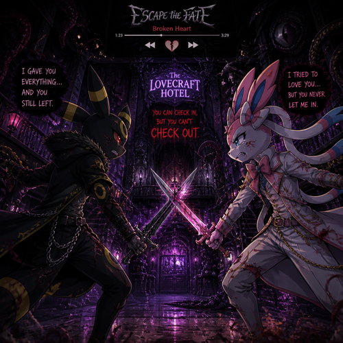The two anthropomorphic grown male characters, A Umbreon and a Sylveon who’s been fighting and arguing each other with a sword’s battle. A sad broken relationship. Inside the cursed building that is easily a trap, the Lovecraft Hotel and it’s more than just haunted. Anger and sadness including frustration. Animated version. Wears different clothing and gear. Music playing, Escape the fate; Broken Heart.