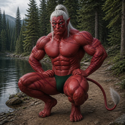 red demon with buff muscles wearing a dark green speedo with four eyes on the face with red skin and dark red stripes on the arms and legs withe a long skinny tail with wight hair at the end of the tip of the tail and wight hair with a pony tail crouching down with hands on hips. in a evergreen tree forest next to a lack on a dirt path