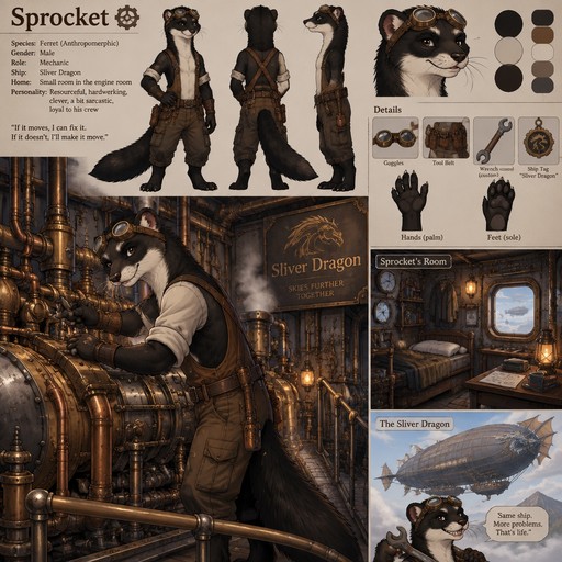 A male anthropomorphic ferret named Sprocket that has black fur and a white underbelly, is the mechanic on a steampunk airship named the “Sliver Dragon”, working on the engine, is in the ship’s engine room, lives in a small room with a window in the engine room, reference sheet, one big picture