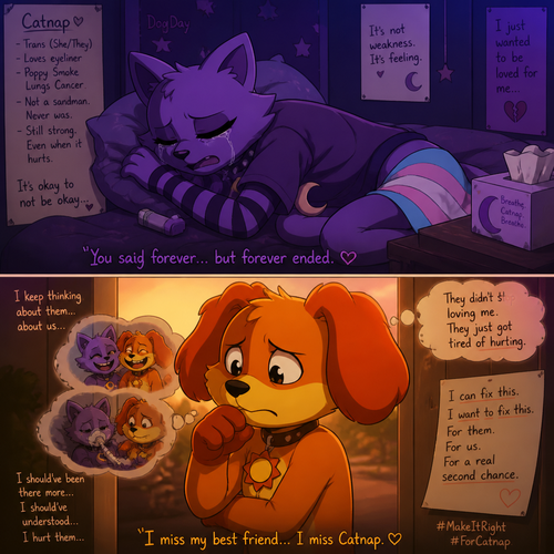 In a smiling critters universe, anthropomorphic and animated versions. Catnap is laying on his bed at his house, crying in his eyes closed, heartbroken by broken up with his ex friend (DogDay) despite his poppy smoke lungs cancer. Wears eyeliner and came as trans. Never cut to be a sandman. DogDay has a feeling in his thoughts and wants to make it right.