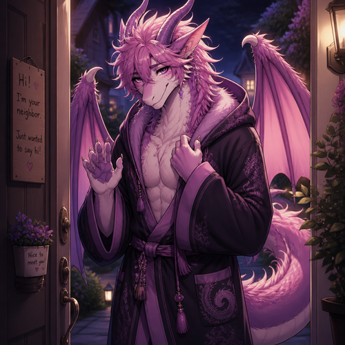A friendly shy immortal alike femboy grown male character (well-made) anthro lung Dragon with pink & purple fur and pretty that wears a robe with a hoodie who came to say hi as a friendly neighbor.
