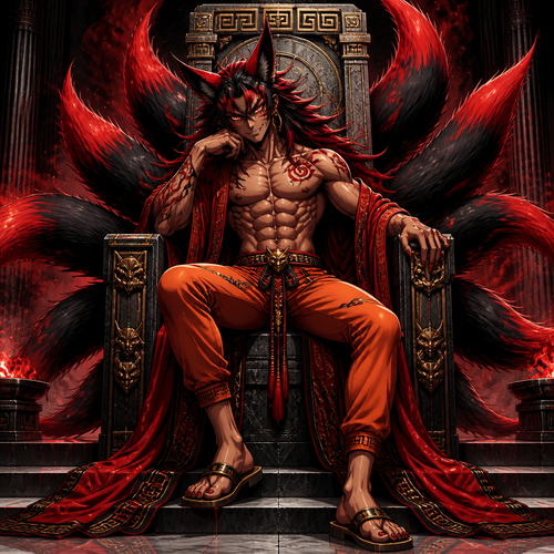 A demonic looking male red and black nine tailed fox wearing tight orange pants, no shirt showing a 16 pack of abs, a open red robe, sandals, and gold earrings. He is sitting on a Greek inspired throne with a wicked look on his face. Anime style art, solo, full body.
