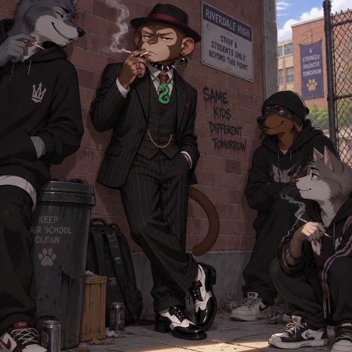 A middle school aged male monkey with a tail wearing a stereotypical American gangster outfit with obsidian skull earrings, ruby rings on all fingers on his right hand, and an emerald dragon pendant on a tight spiked collar. He is behind the high school leaning against the wall smoking with friends. Anime art style, full body.