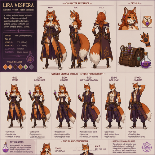 A female alchemist vixen, reference sheet, shows the progression of the effects of a potion that changes her gender, animation version 