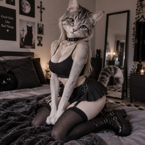 A cute cat in a black tiny crop top and a short black skirt. She has thigh highs and gothic heel boots. She has a black choker with a metal heart around her neck. She is very thin and in good physical shape. She has a little bigger than average boobs and a nicely shaped butt.