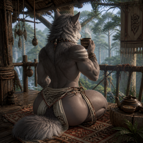 A well-made male femboy grown grey Wolf omega from a tribal who lives up top of a treehouse among the trees alone. Has thick thighs, round buttocks, bushy tail, fluffy neck, wears a necklace, and wearing a cloth clothing. Back view. Drinking a cup of hot tea.