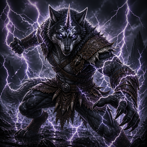 A male anthropomorphic wolf with fur in the shape of a star colored white on his forehead and a horn growing out of the middle of his forehead. He is wearing hide armor and has lightning surrounding him. Is in an intimidating fighting pose.