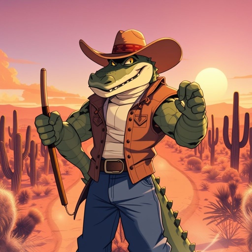 A muscular anthropomorphic crocodile cowboy standing confidently in a desert landscape. He has sharp, gleaming teeth, piercing yellow eyes, and a rugged yet charming smirk. Wearing a wide-brimmed leather cowboy hat, a sleeveless duster coat, a bandana around his thick neck, and tight denim jeans with a large belt buckle. His scaly-smooth green skin glistens under the sunset light, highlighting his powerful muscular build. He holds a Zat’nik’tel from Stargate in one clawed hand and rests the other on his belt. The background features cacti, a dusty road, and 2 suns. The scene has a cinematic, warm lighting style, emphasizing his dominance and allure. Highly detailed, anime style.