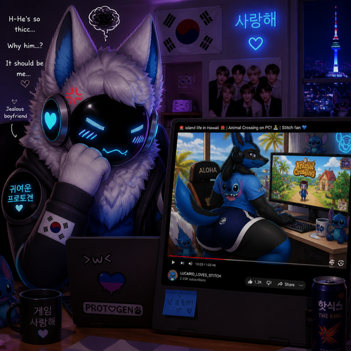 A jealous fluffy gay male Protogen (lives in South Korea), who uses his laptop and see a video of a male gay Lucario (lives in Hawaii and a stitch fan) with thick thighs and buttocks playing a game called animal crossing on PC. Animated verse. Front view. 