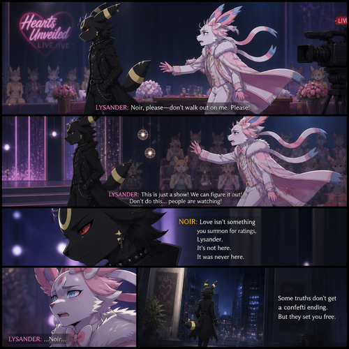 In a well-made anthro Pokemon universe, an non-rich grown brave male half gothic Umbreon named Noir refuses to accept the sham date with a grown richest male Sylveon (the spoiled careless Barron named Lysander) on a live dating fantasy show (in modern life) and decided to leave while being begged not to go because love isn’t here. A well-made animated version. A sad but a good truthful ending. Side view.