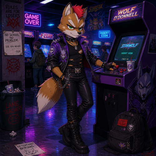 A middle school aged delinquent Fox McCloud wearing tight leather pants, a black ripped sleeveless shirt, a purple Wolf O’Donnell themed leather jacket, black combat boots, and a red spiked mohawk. He is skipping school playing games at an arcade. Anime art style, full body.