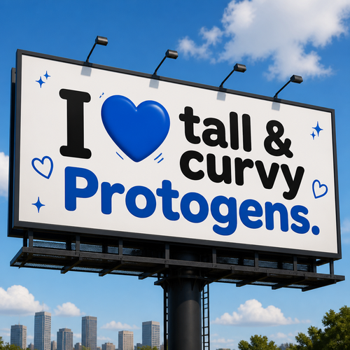 A big sign says; I 💙 tall & curvy Protogens. Well-made version and view.