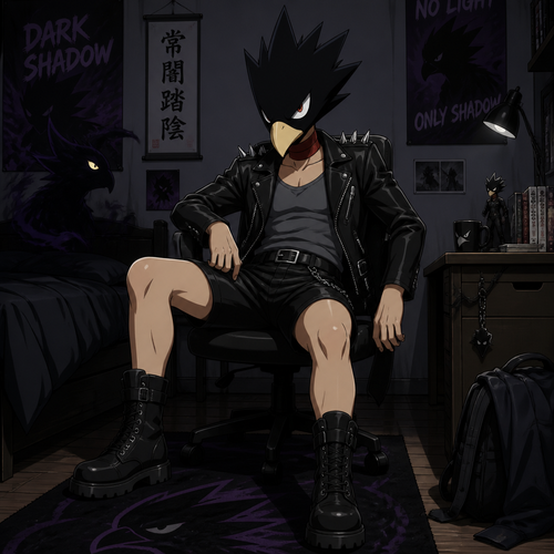 Tokoyami Fumikage  wearing leather shorts, grey tank top, leather jacket with short spikes and combat boots. Sitting on a chair in his bed room with a glare on his face. Anime style, solo, full body.