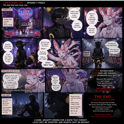 In a well-made anthro Pokemon universe, an non-rich grown brave male half gothic Umbreon named Noir refuses to accept the sham date with a grown richest male Sylveon (the spoiled careless Barron named Lysander) on a live dating fantasy show (in modern life) a week ago and then decided to leave while being begged not to go because love isn’t here. A well-made animated version. A sad but a good truthful ending and the dark unhappy ending of a show. A comic. 