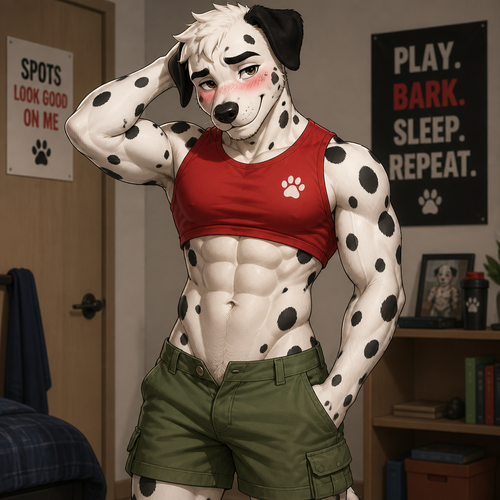 A handsome young male Dalmatian wearing green cargo shorts and a red crop top. Has a six pack abs, blushing while rubbing the back of his head.