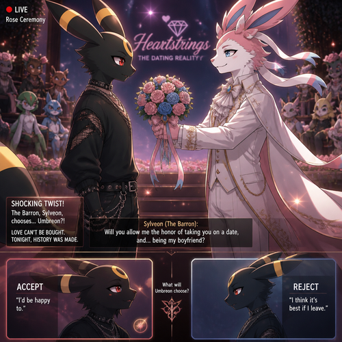 In a dating reality show on live (a well-made animated version) a non-rich half gothic grown Umbreon male is surprisingly unbelievably been accepted to become a boyfriend to this super rich kind grown Sylveon male (the Barron) for not understanding why that doesn’t mind to lose and leave. In an anthropomorphic Pokemon universe. Never asks and want to be there but been gifted. A good ending. Side view. All well-made characters. A modern present day. Been asked on a date. Decides wisely to accept or reject.