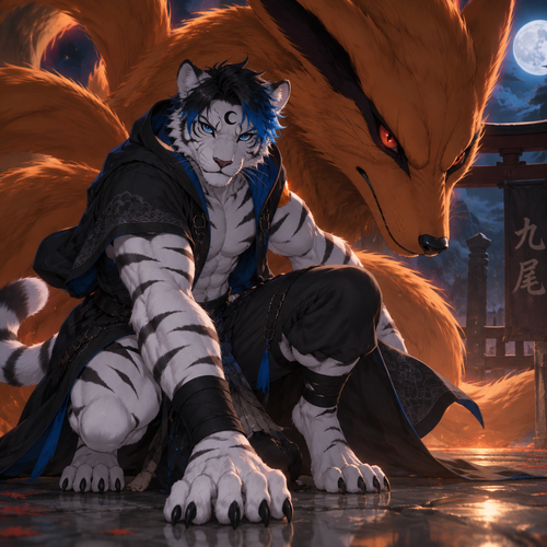male, anthro, white tiger, short black hair with bright blue tips, black crescent on forehead, blue eyes, digitigrade footpaws,Kurama Protecting