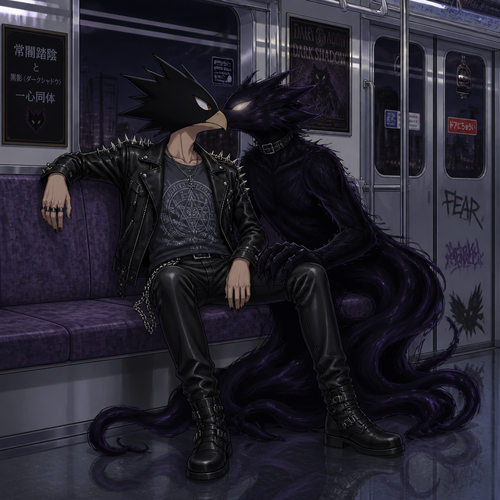 Tokoyami Fumikage wearing leather pants with a chain hanging off the right hip, a grey shirt with arcane symbols, and a leather jacket with shirt spikes on the shoulders of the jacket. He is sitting on a train kissing his quirk Dark Shadow who is male. Anime art style, full body.
