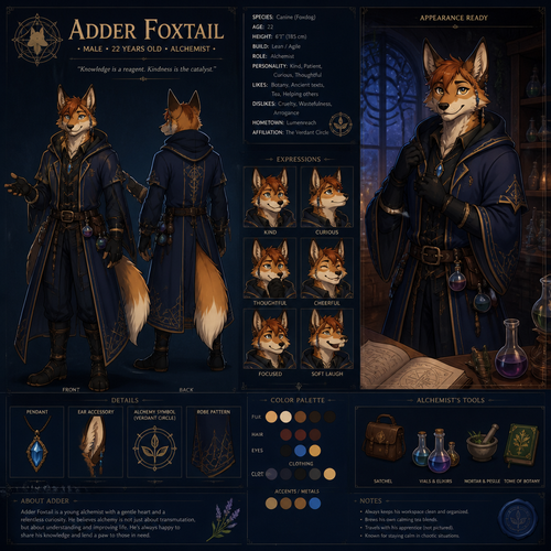 A male alchemist anthropomorphic dog fox in his early twenties named “Adder Foxtail” in a dark blue robe, is nice and is ready for a appearance, the apprentice is not in the picture, reference sheet, animated version 