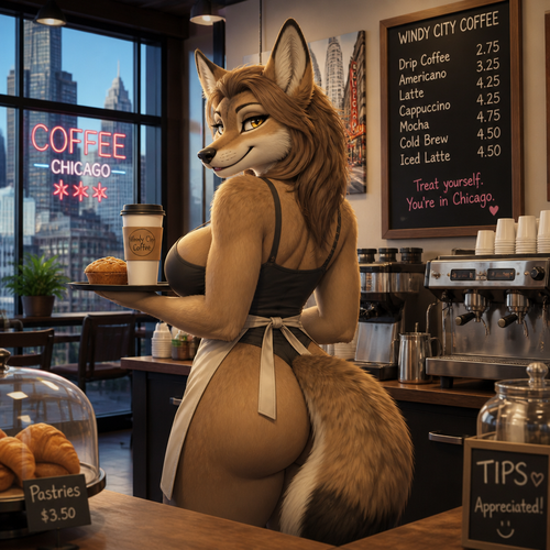 A busty grown female coyote that wears a apron and works at the cafe. Very well-made animated version. In a modern life. Lives in Chicago. Friendly and flirty. Backshot view. 