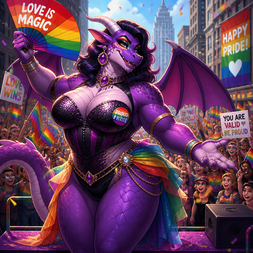 A beautiful adult anthro Dragon male as a drag queen with thick thighs and makeup on today’s pride day in a city parade. So friendly and supportive. Animated verse.