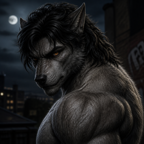 A werewolf with gray fur amber eyes muscular black hair falling on his forehead going back until his neck in a modern mullet style