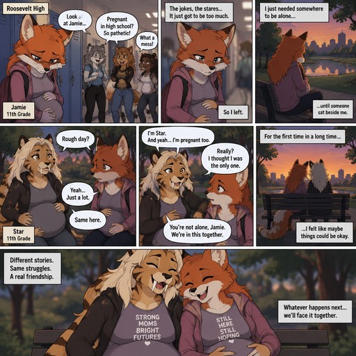 A multi panel comic about a teenage female anthropomorphic fox named Jamie that is pregnant in high school, Jamie is first made fun of before she runs away to a park and meets a female anthropomorphic saber tooth tiger named Star who is also pregnant in high school and becomes Jamie’s friend, animated version