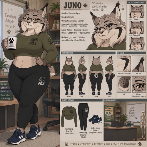 A pretty plump female anthropomorphic Canadian Lynx named Juno, has cheek ruffs and ear tufts like a normal lynx, her cheek ruffs are very full and have a black outline in the shape of a 7, is wearing a olive green long sleeve crop top and black leggings with a tight waistband thats makes her gut go over the waistband a little, both her crop top and leggings are fox racing brand, wears navy blue and white under armor trainers, wears glasses, her glasses are black aviator frames, is a biology teacher, is in a room alone, animated version, reference sheet, one big picture 