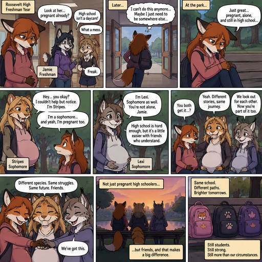 A multi panel comic about a lanky teenage female anthropomorphic fox named Jamie that is pregnant in high school, Jamie is first made fun of before she runs away to a park and meets a lanky female anthropomorphic saber tooth tiger named Stripes who is also pregnant in high school and a lanky female anthropomorphic Canadian Lynx named Lexi that is pregnant in high school and they become Jamie’s friends, everyone is either a freshman or a sophomore, animated version