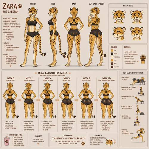 A female anthropomorphic lanky cheetah, reference sheet, shows progress of exercise she’s doing to make her rear bigger, animated version 