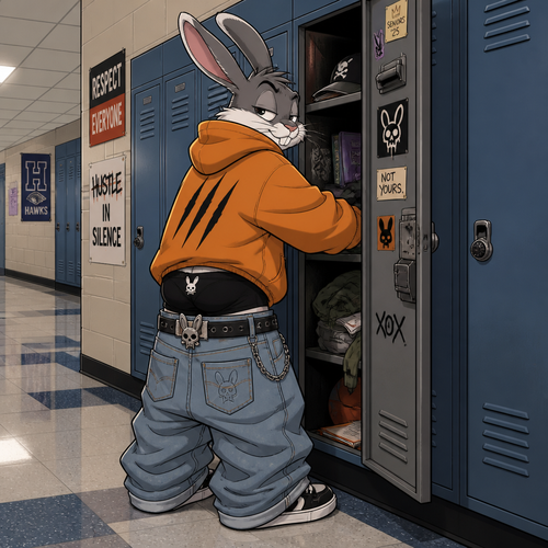 A young male grey and white rabbit wearing extremely loose jeans with a belt that has a rabbit skull design, black colored underwear that comes up above the jeans waistline, a oversized orange hoodie with a three slash mark design on the front. He is standing in front of an open locker in the hallway of a High school, the locker doesn’t belong to him but he is rummaging through it. Cartoon art style. Full body