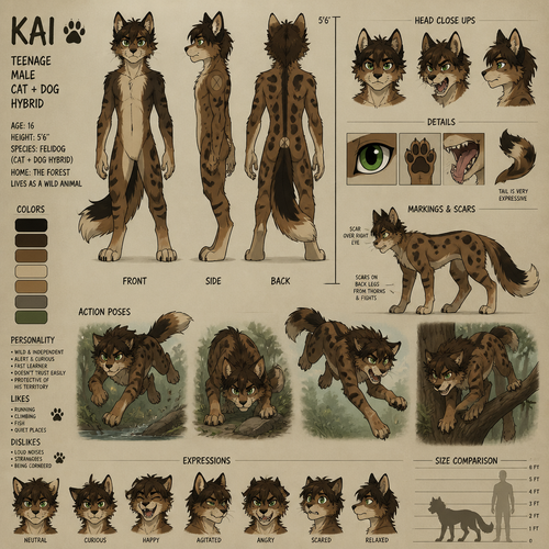 A teenage male anthropomorphic cat and dog hybrid who lives in the forest as a wild animal, reference sheet, animated version 