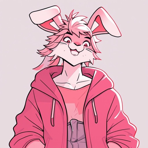 Male painted bunny pink and light pink fur has a casual hoodie, jeans, he had long and puffy hair, he is doing UwU face, gay and lewd look ,fursona,looks like bottom