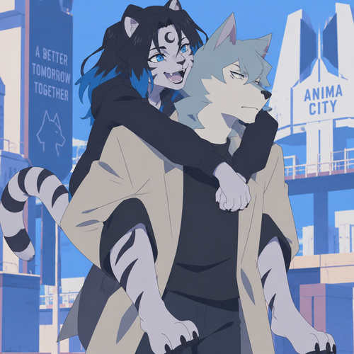 male, anthro, white tiger, long black hair with bright blue tips, black crescent on forehead, blue eyes, digitigrade footpaws, BNA Brand New Animal style, slim, hanging on Shiro, happy