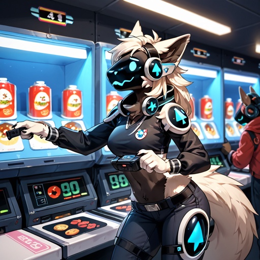 A well made pansexual female Protogen plays video games in the arcade.