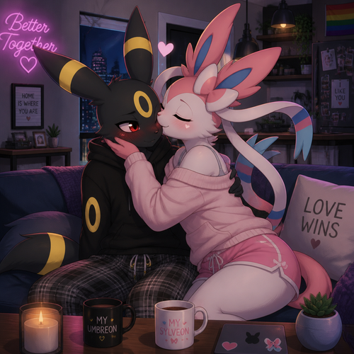 In an anthropomorphic universe, both young male adults couples living together in a modern apartment. Gay marriage. Animated verse. A shy Umbreon getting more loved and smooched by a gorgeous Sylveon that wears something comfortable.