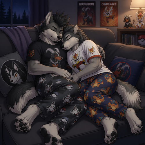 Young twin male dire wolfs sleeping on a couch cuddling together. One dire wolf is wearing mightyena theme pajama pants and a houndoom theme shirt, has a mohawk hairstyle. The other dire wolf is wearing Charizard theme pajama pants and Cinderace theme shirt. Anime art style, has slick back hairstyle. Full body