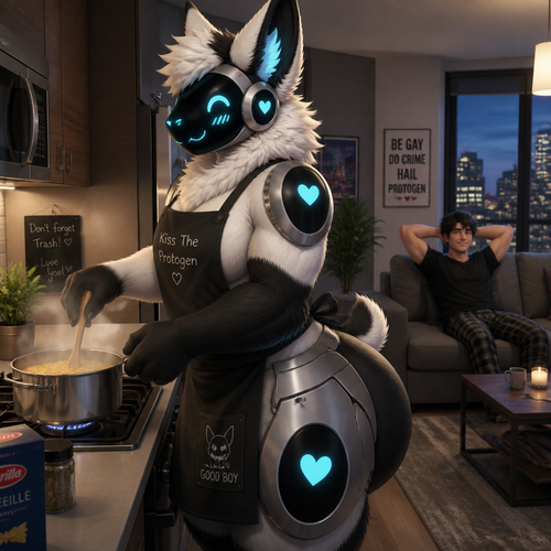 A well-made homosexual fluffy gay Protogen male character who lives in a modern apartment with his human and waiting while cooking some pasta dinner. Has thick thighs, wide hips, big butt, and has short tail also wears an apron.