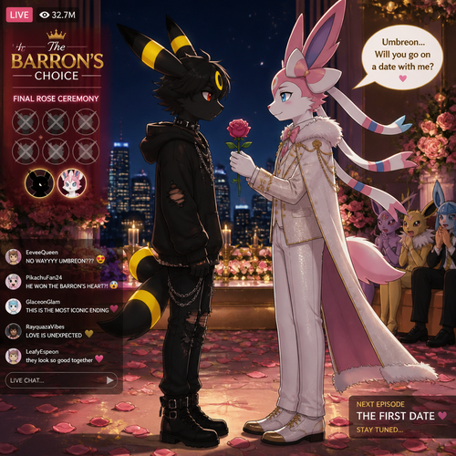 In a dating reality show on live (a well-made animated version) a non-rich half gothic grown Umbreon male is surprisingly unbelievably been accepted to become a boyfriend to this super rich grown Sylveon male (the Barron) for not understanding why that doesn’t mind to lose and leave. In an anthropomorphic Pokemon universe. Never asks and want to be there but been gifted. A good ending. Side view. All well-made characters. A modern present day. Been asked on a date.