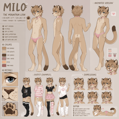 A male anthropomorphic twink femboy mountain lion, reference sheet, animated version 