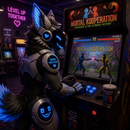 A well-made Protogen male character at an arcade playing a game called, Mortal Kooperation (the opposite of Mortal Kombat)